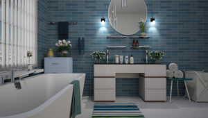 Helles Badezimmer mit blauen Fliesen