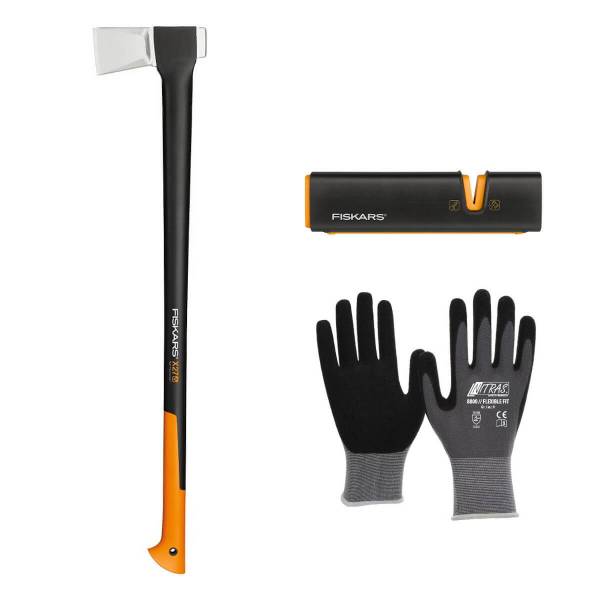 Fiskars Spaltaxt X27-XXL + XSharp Axt- und Messerschärfer + Handschuhe | Basic-Set | Angebot