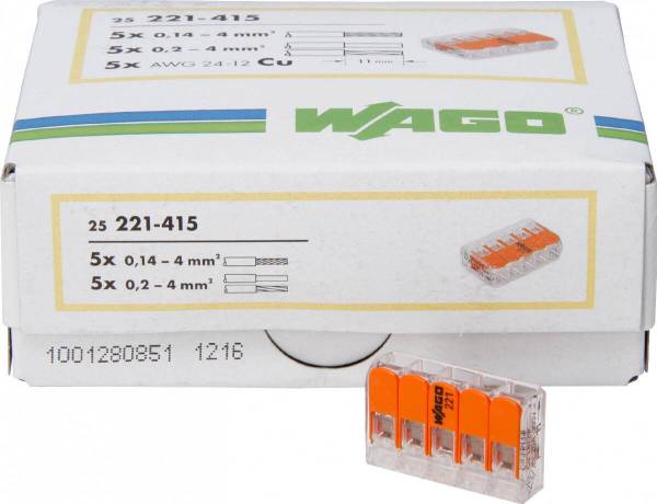 WAGO COMPACT-Verbindungsdosenklemme, mit Hebel, max 4mm², 5 Leiter, Profi-Pack: 25 Stück