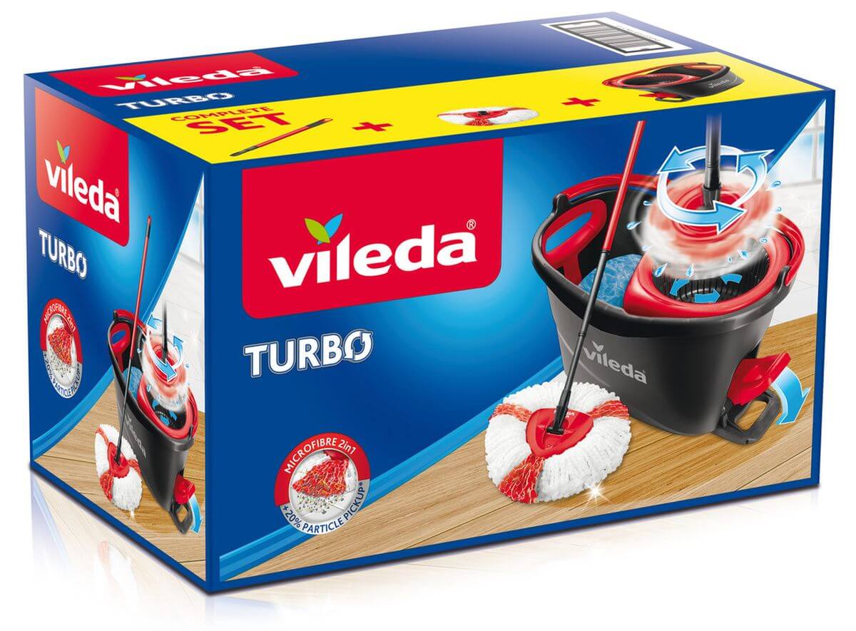 Vileda Turbo Komplett Box, Wischer und Eimer mit Powerschleuder,  höhenverstellbar