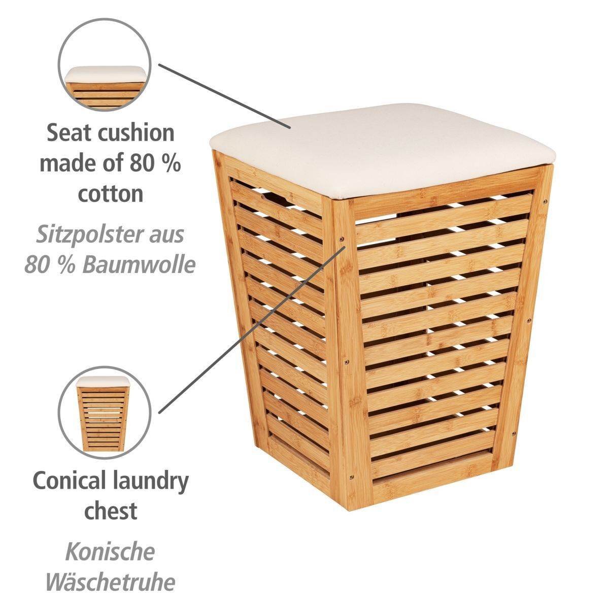 WENKO Wäschetruhe Bambusa mit Sitzpolster, konische Form, ideal zur  Wäscheaufbewahrung | Wäschetonnen | Badaccessoires | Bad & Sanitär |  markenbaumarkt24
