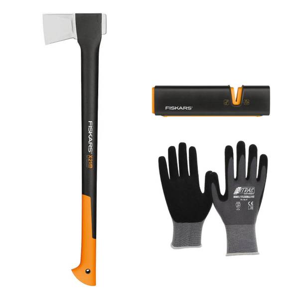 Fiskars Set: Universalaxt X21-L + Handschuhe + Axtschärfer Xsharp | Axt-Angebot