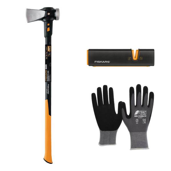 Fiskars IsoCore Spalthammer XXL | Spaltaxt und Spalthammer + Xsharp Axt-Messerschärfer + Handschuhe